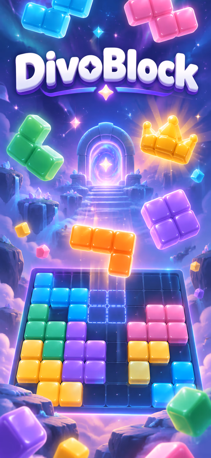 DivoBlock artwork with colorful blocks, a portal and the Crystal Blast board
